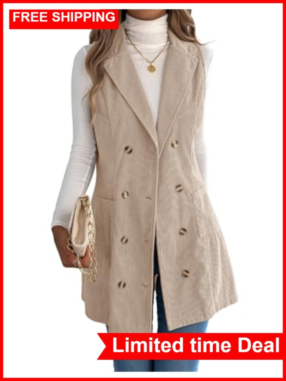 Long Corduroy Vest Fall Winter Double Breasted Sleeveless Blazer Jacket